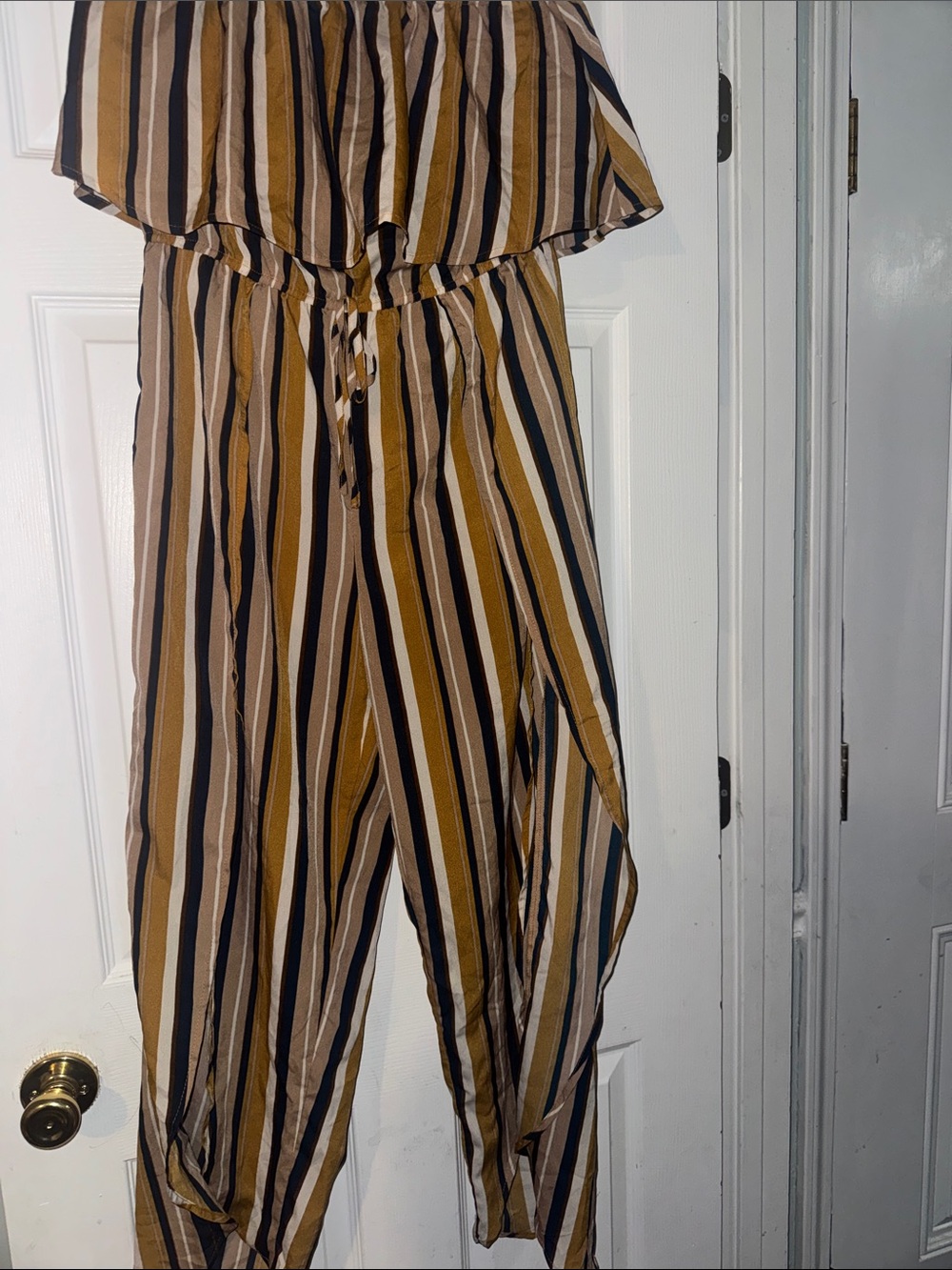 Fashion Nova Striped Off-Shoulder Jumpsuit in Mustard, Navy Blue & Cream